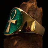 Excellent crafted Men's big green Egyptian Ankh Cross Ring - solid Brass - BikeRing4u