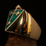 Excellent crafted Men's green Coptic Rose Cross Ring - Solid Brass - BikeRing4u