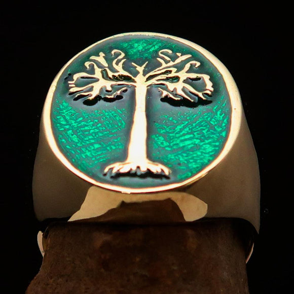 Excellent crafted Men's green oval Tree of Life Pinky Ring - Solid Brass - BikeRing4u