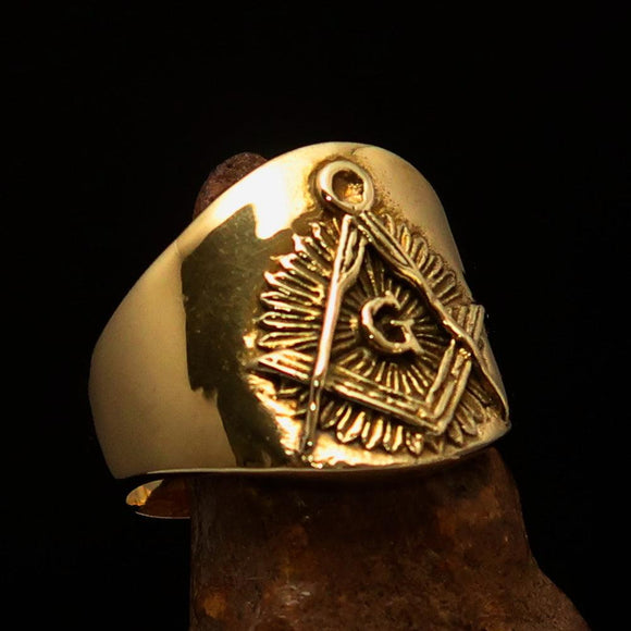 Men's ancient Square Compasses Masonic Pinky Ring Freemason G - shiny Brass - BikeRing4u