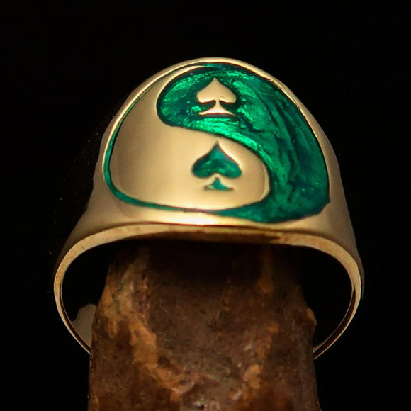 Excellent crafted Men's green Spades Yin Yang Poker Ring - solid Brass - BikeRing4u