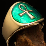 Well made Men's small green Egyptian Ankh Cross Pinky Ring - solid Brass - BikeRing4u