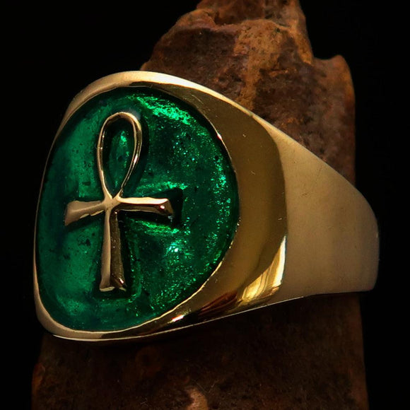 Well made Men's small green Egyptian Ankh Cross Pinky Ring - solid Brass - BikeRing4u