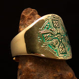 Excellent crafted Men's green Celtic Runes Cross Pinky Ring - solid Brass - BikeRing4u