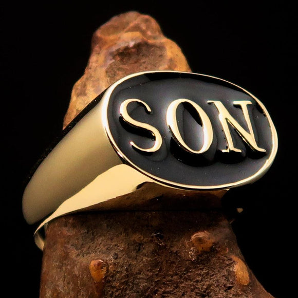 Perfectly crafted oval Initial Men's Pinky Ring black SON one word - Solid Brass - BikeRing4u