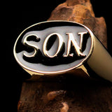 Perfectly crafted oval Initial Men's Pinky Ring black SON one word - Solid Brass - BikeRing4u