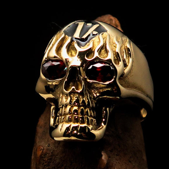 Excellent crafted Men's black 1% Flaming Skull Outlaw Ring red CZ Eyes Enamel - Solid Brass - BikeRing4u