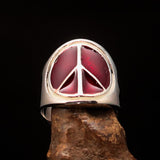 Round Men's Ring red Peace Symbol Flower Power - Sterling Silver - BikeRing4u