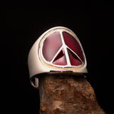 Round Men's Ring red Peace Symbol Flower Power - Sterling Silver - BikeRing4u