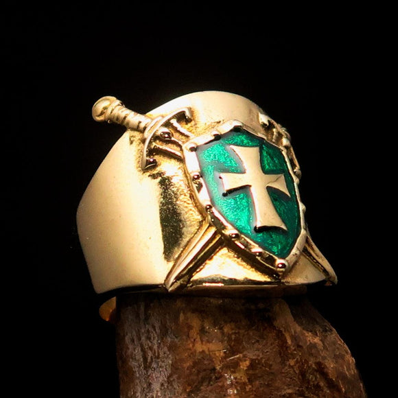 Crossed Swords Men's Knights Templar green Cross Ring - solid Brass - BikeRing4u