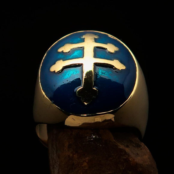Excellent crafted oval domed Men's blue Cross Lorraine Ring - solid Brass - BikeRing4u