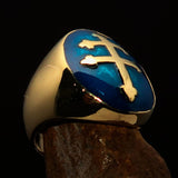 Excellent crafted oval domed Men's blue Cross Lorraine Ring - solid Brass - BikeRing4u