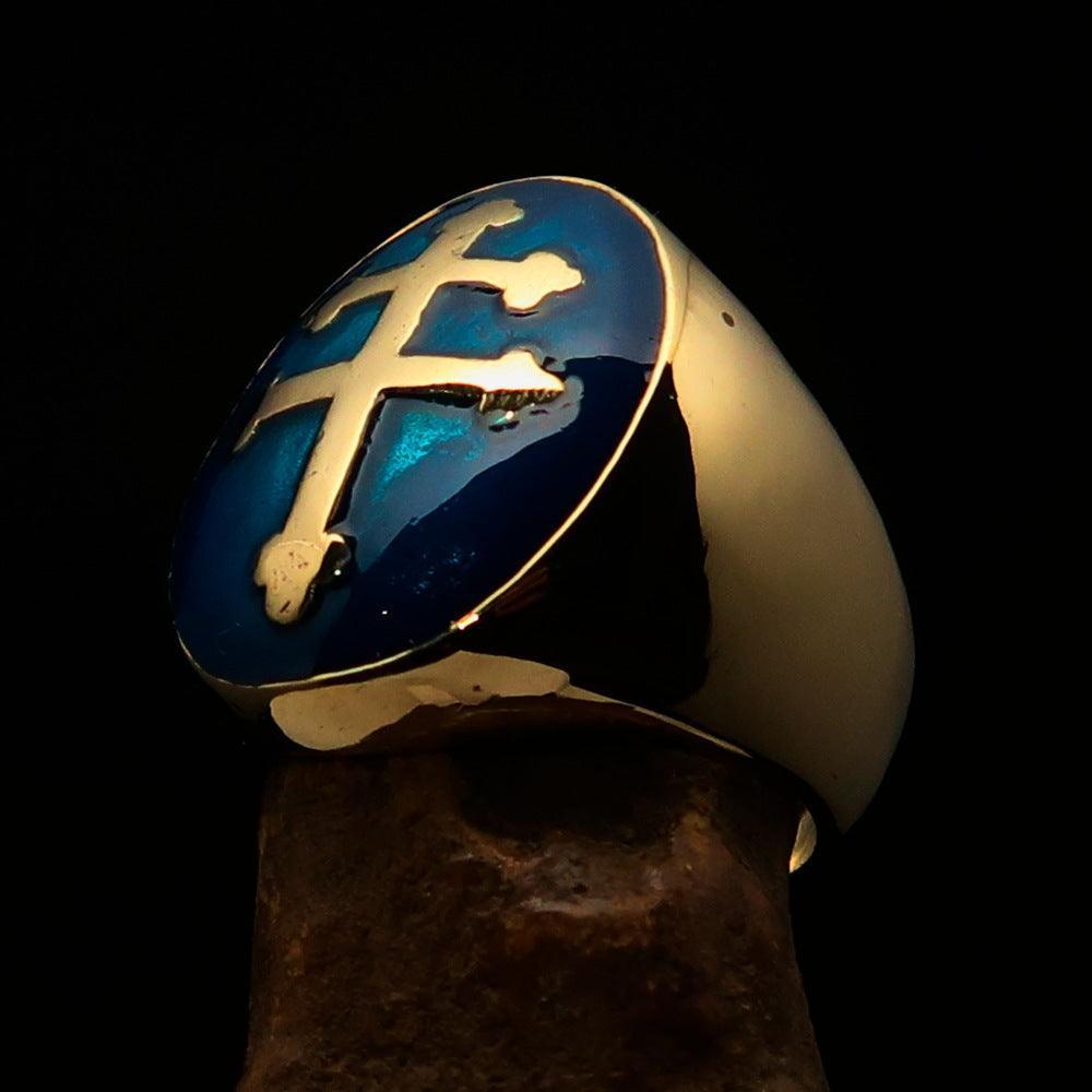 ライオネルRING大 真鍮 Solid Brass Men's blue Cross Lorraine Pinky Ring - Free Shipping