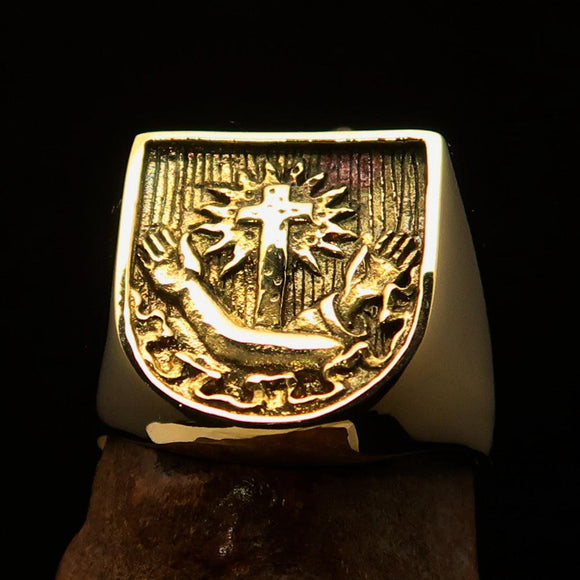 Excellent crafted Men's Franciscan Corona Cross Pinky Ring - shiny Brass - BikeRing4u