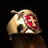 Crossed Swords Men's Knights Templar red Cross Ring - solid Brass - BikeRing4u