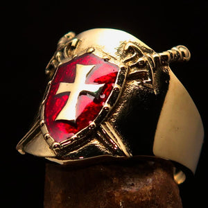 Crossed Swords Men's Knights Templar red Cross Ring - solid Brass - BikeRing4u