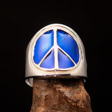 Round Men's Ring blue Peace Symbol Flower Power - Sterling Silver - BikeRing4u