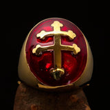 Excellent crafted oval domed Men's red Cross Lorraine Ring - solid Brass - BikeRing4u