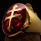Excellent crafted oval domed Men's red Cross Lorraine Ring - solid Brass - BikeRing4u