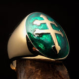 Excellent crafted oval domed Men's green Cross Lorraine Ring - solid Brass - BikeRing4u