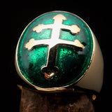 Excellent crafted oval domed Men's green Cross Lorraine Ring - solid Brass - BikeRing4u