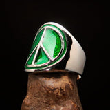 Round Men's Ring green Peace Symbol Flower Power - Sterling Silver - BikeRing4u