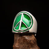 Round Men's Ring green Peace Symbol Flower Power - Sterling Silver - BikeRing4u