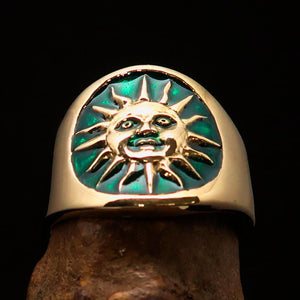 Excellent crafted shiny ancient green Men's Inca Sun Aztec Pinky Ring - solid Brass - BikeRing4u