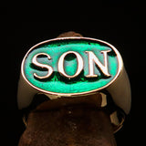 Perfectly crafted oval Initial Men's Pinky Ring green SON one word - Solid Brass - BikeRing4u