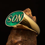 Perfectly crafted oval Initial Men's Pinky Ring green SON one word - Solid Brass - BikeRing4u