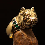 Excellent crafted Men's Pinky Ring Pitbull with green CZ Collar - Solid Brass - BikeRing4u