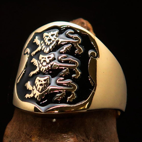 Excellent crafted Men's black 3 Lions Coat of Arms Pinky Ring - solid Brass - BikeRing4u