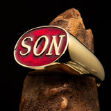Perfectly crafted oval Initial Men's Pinky Ring red SON one word - Solid Brass - BikeRing4u