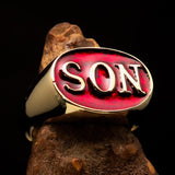 Perfectly crafted oval Initial Men's Pinky Ring red SON one word - Solid Brass - BikeRing4u