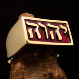 Rectangle shaped Men's Ring red YHWH Yahweh Hebrew God Israel - Solid Brass - BikeRing4u