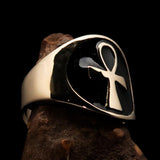 Excellent crafted Men's big black Egyptian Ankh Cross Ring - solid Brass - BikeRing4u