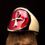 Well made Men's small red Egyptian Ankh Cross Pinky Ring - solid Brass - BikeRing4u