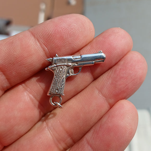 Hand Gun Silver Pendant, Sterling Silver Automatic Gun Pendant, Excellent Details hallmarked 925