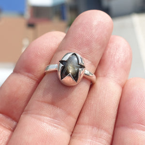 Black Sapphire Ring, Star shaped Sterling Silver Ring, Sapphire Silver Ring, Black Star Sapphire Ring, Gift for Her, Black Star Sapphire cab - size 6