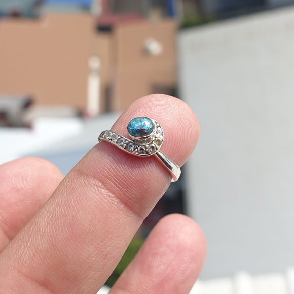 Natural Blue Zircon Ring, Sterling Silver Ring, Cocktail Ring, oval Cut Blue Zircon, 8 white CZ, gift for her - Size 5