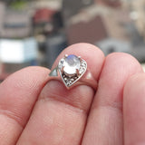 Moonstone Silver Ring, Moonstone Silver Heart Ring, Heart shaped Ring, Sterling Silver Ring, oval shaped Moonstone and 7 CZ, handmade ring - Size 5