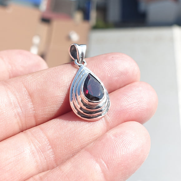 Garnet Silver Pendant, Pear shaped Sterling Silver Gemstone Pendant with Garnet, Symmetric Amulet, Sterling silver Amulet