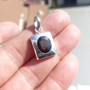 Minimalist Garnet Silver Pendant, Rectangle shaped Sterling Silver Gemstone Pendant with Garnet, Symmetric Amulet