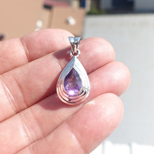 Minimalist Amethyst Silver Pendant, Sterling Silver purple Amethyst Pendant, Pear cut Amethyst