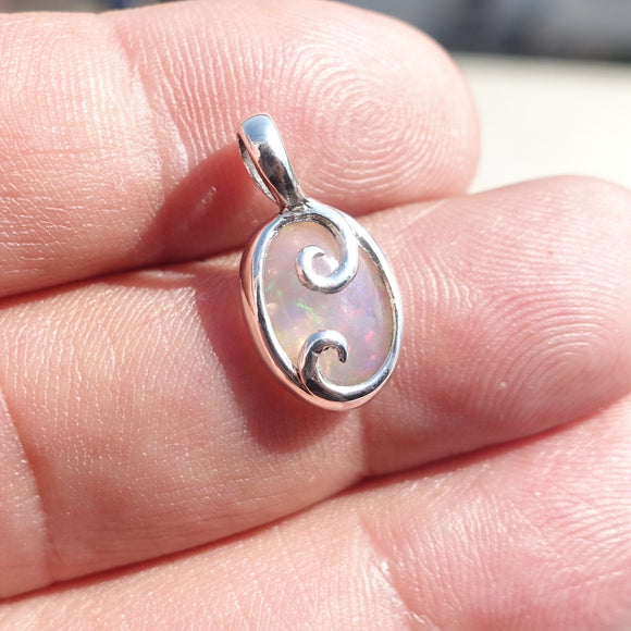 Minimalist Silver Opal Pendant, Sterling Silver Pendant, Multicolor Opal Pendant, oval Opal