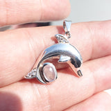 Dolphin Moonstone Amulet, Dolphin Pendant, Sterling Silver Pendant, Moonstone Necklace, Ceylon Moonstone 4 CZ, gift for her