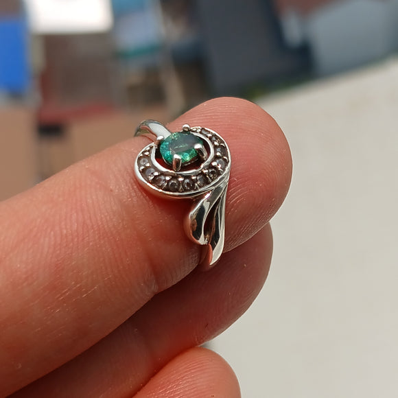 Natural Emerald Ring, Sterling Silver Ring, Solitaire Ring, oval cut Green Emerald and 11 white CZ, Gift for Her, Unique Design - Size 5.5