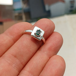 Emerald Ring, Sterling Silver Ring, Natural green Emerald, Pear Shaped Emerald, Square Silver Ring, Unique Design, Gift for Her, Size 7.5