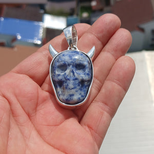 Hand crafted horned Devil Face Skull Amulet - Sodalite Carving - Sterling Silver