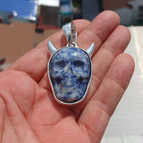 Hand crafted horned Devil Face Skull Amulet - Sodalite Carving - Sterling Silver